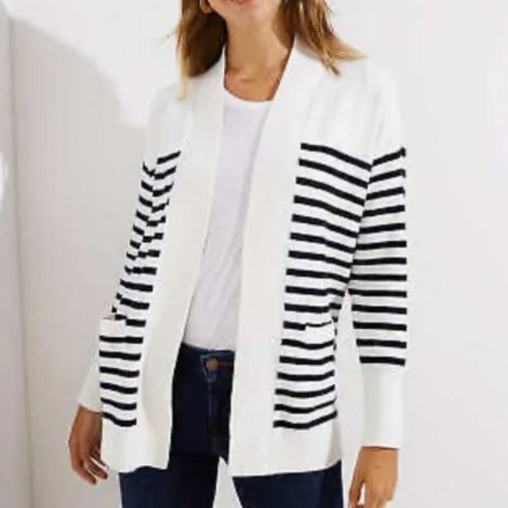 LOFT Open White Navy Striped Long Sleeves Cardigan Sweater Size S